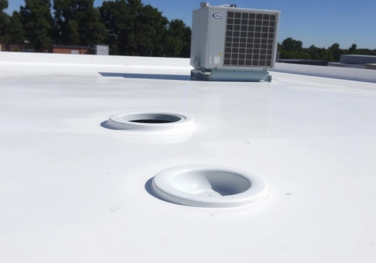 Close-up of TPO membrane and roof drain on a commercial flat roof