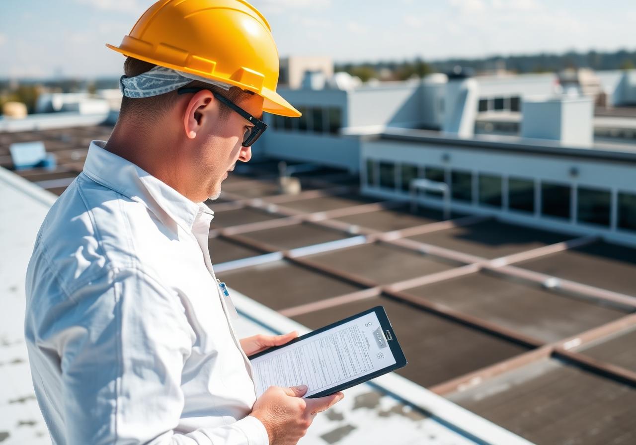 Commercial roof inspector documenting a flat roof in a hard hat