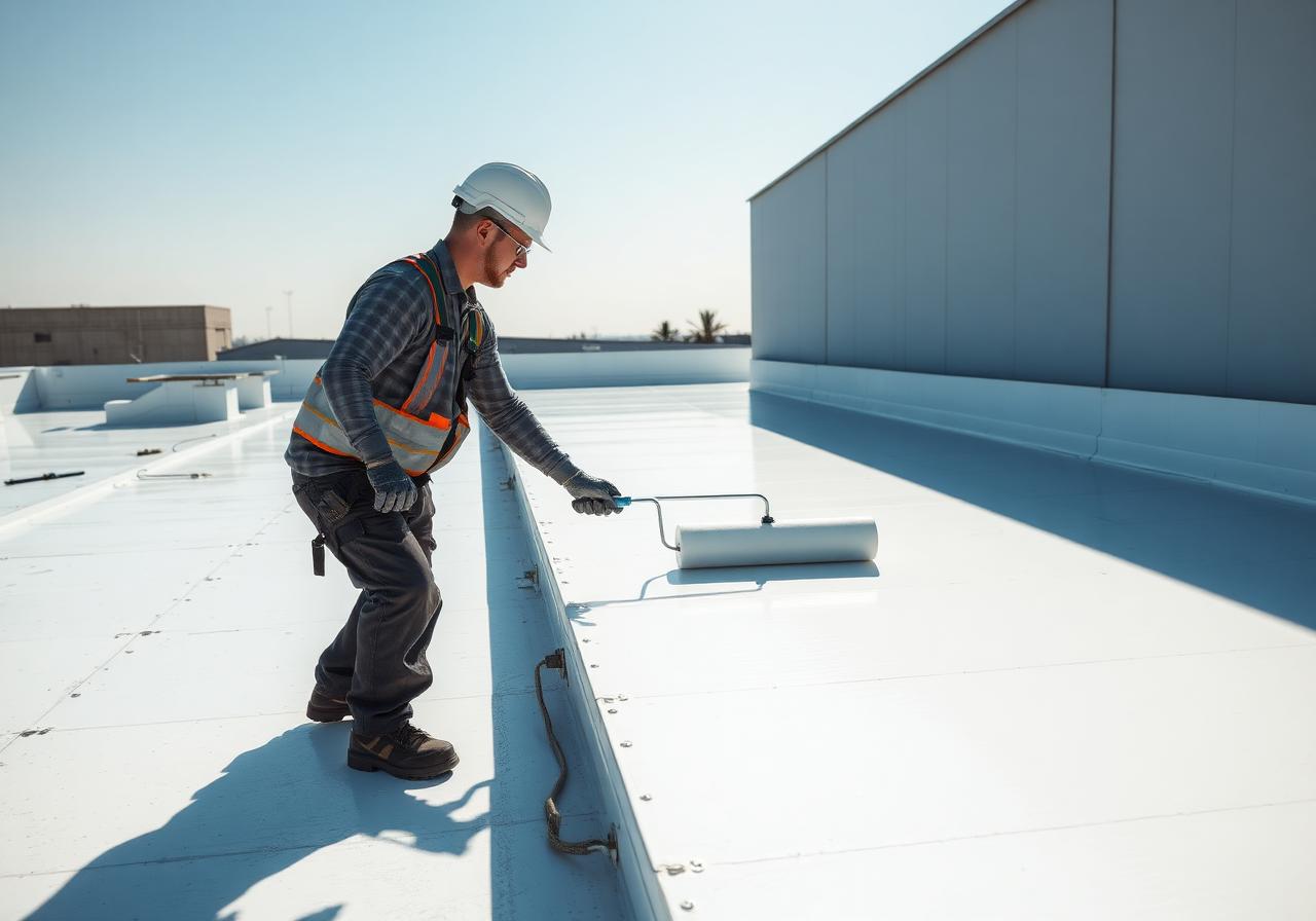 Worker applying Conklin reflective roof coating on a commercial flat roof